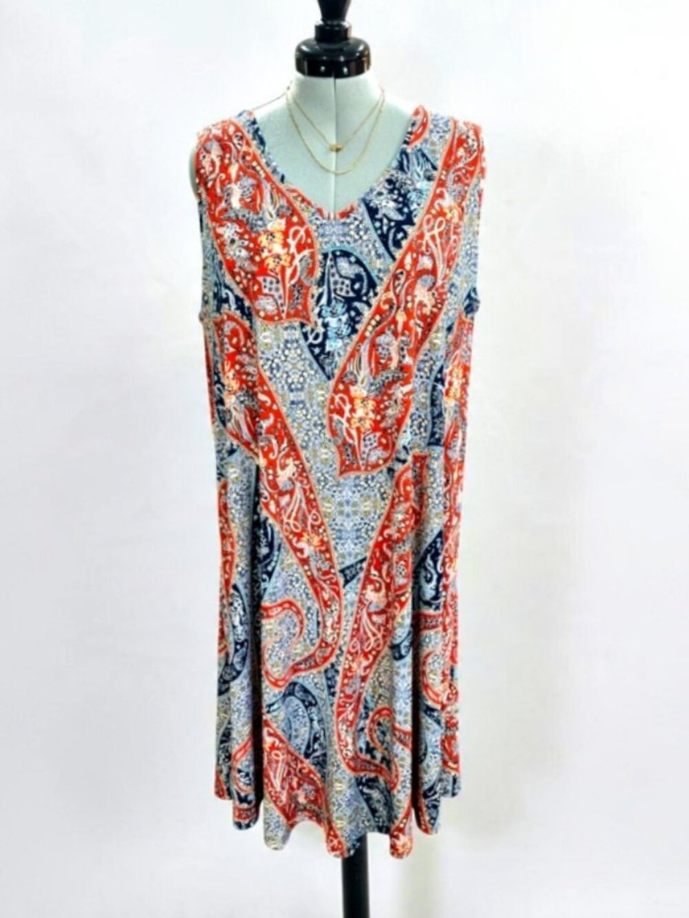 One World Womens 3X MIDI Dress Red Blue Paisley BOHO Lace Back Sleeveless Resort